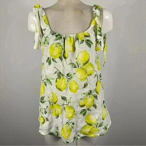 Linen-Blend Lemon Print Tie-Strap Tank Top - Yellow